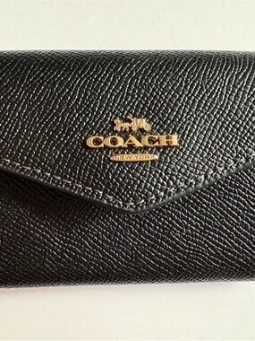 NWT Coach Black Leather Flap Card Case/Wallet with Gold Hardware, Snap Closure